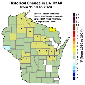 A map of Wisconsin shows varied changes in June, July, and August maximum temperatures from 1950 to 2024, with the southern and central regions generally warming by 0 to 2 degrees Fahrenheit, and the northern half seeing larger increases of 2 to 4 degrees Fahrenheit.