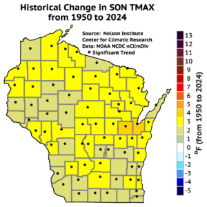 A map of Wisconsin shows a broad warming trend in September, October, and November maximum temperatures from 1950 to 2024, with most counties experiencing a 2 to 4 degree Fahrenheit increase, and Brown and Outagamie counties increasing by 5 degrees.