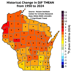 A map of Wisconsin a very strong and widespread warming trend in December, January, and February mean temperatures from 1950 to 2024 shows, with most counties experiencing a 5 to 7 degree Fahrenheit increase.