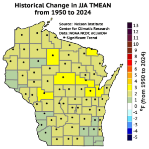 A map of Wisconsin shows a general warming trend in June, July, and August mean temperatures from 1950 to 2024, with all counties increasing by 1 to 3 degrees Fahrenheit.