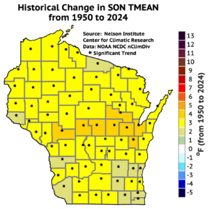 A map of Wisconsin shows a broad warming trend in September, October, and November mean temperatures from 1950 to 2024, with most counties increasing by 3 to 4 degrees Fahrenheit.