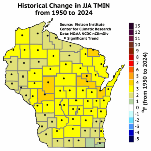 A map of Wisconsin shows a widespread warming trend in June, July, and August minimum temperatures from 1950 to 2024, with all counties except Walworth and Racine experiencing a 2 to 4 degree Fahrenheit increase.