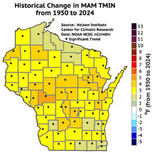 A map of Wisconsin shows a widespread warming trend in March, April, and May minimum temperatures from 1950 to 2024, with most counties experiencing a 3 to 4 degree Fahrenheit increase.