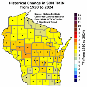 A map of Wisconsin shows a widespread warming trend in September, October, and November minimum temperatures from 1950 to 2024, with most counties experiencing a 2 to 4 degree Fahrenheit increase.