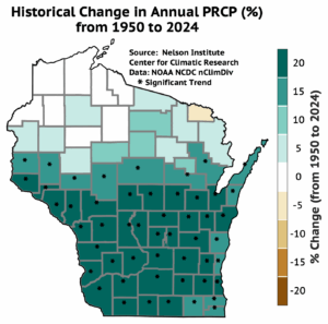 A map of Wisconsin reveals that most counties experienced an increase in annual precipitation from 1950 to 2024, predominantly between 5% and 20%, with significant trends observed across the southern two-thirds and parts of the northeast.