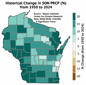 A map of Wisconsin shows that most counties experienced an increase in September, October, and November precipitation from 1950 to 2024, predominantly between 10% and 20% in the southern and western regions.